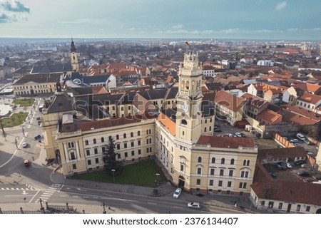 Aerial art nouveau historical an aerial view of Oradea with a majestic clock tower standing tall in the heart of the historic city incity Oradea, Bihor, Romania