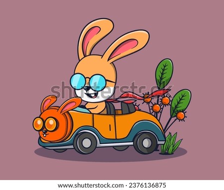 vector illustration of a rabbit in orange sunglasses driving a cute car. animal icon concept