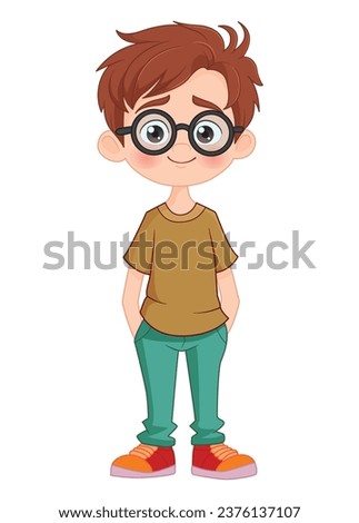 boy with glasses stands with his hands in his pockets