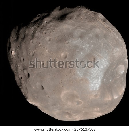 Phobos, moon and universe for solar system, nebula or science with mock up space on black background. Galaxy, mars and innovation with research, milky way or astrology for exploration and discovery Royalty-Free Stock Photo #2376137309