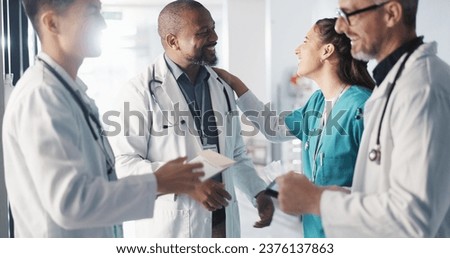 Doctors, nurses and team or hospital management with workflow, schedule planning and speaking of services. Healthcare worker, mentor and people with medical documents, clinic files and internship Royalty-Free Stock Photo #2376137863