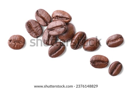 Many roasted coffee beans isolated on white, top view Royalty-Free Stock Photo #2376148829