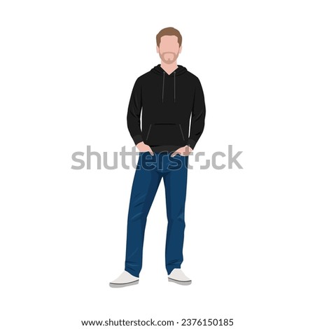 Man wearing hoodie character. Standing hands on pocket. Flat vector illustration isolated on white background Royalty-Free Stock Photo #2376150185