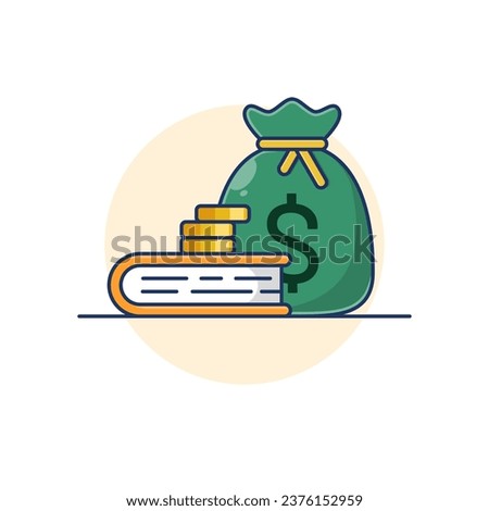 Money bag, stack of coins and book in flat design vector illustration