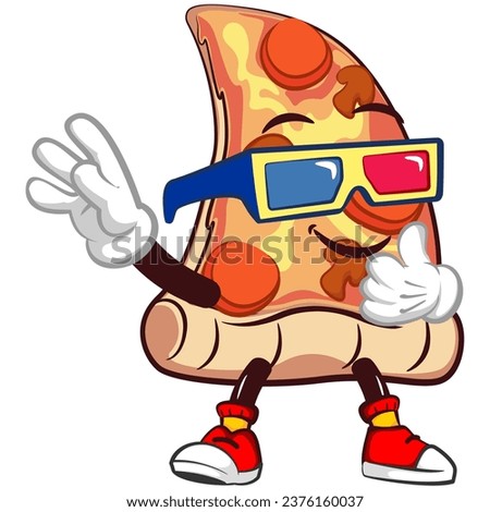 vector mascot character of a slice of pizza wearing 3-dimensional glasses to see 3-dimensional cinema
