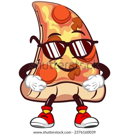 Cute slice of pizza character with funny face mascot  stand up wearing sunglasses, cartoon vector illustration isolated. Funny slice of pizza mascot, emoticon