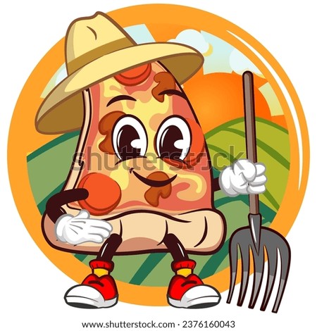 logo of a slice of cute pizza character with a funny face mascot wearing a farmer's hat and carrying a fork with a spoon in front of a field view in a circle, isolated cartoon vector illustration