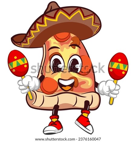 Cute slice of pizza character with funny face mascot wearing sombrero with playing maracas, cartoon vector illustration isolated on white background. Funny slice of pizza mascot, emoticon
