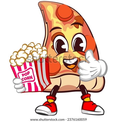 vector mascot character of a slice of pizza with popcorn while giving a thumbs up