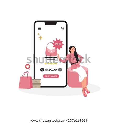Online shopping concept. Woman buying clothes online. Vector illustration in flat style