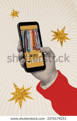 Collage photo artwork illustration advertisement smartphone touchscreen used clothes sale category shirts isolated on creative background