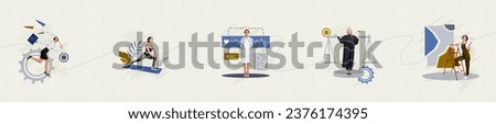 Panorama collection pictures collage of professions concept agent sportswoman medic attorney judge painter isolated on grey background