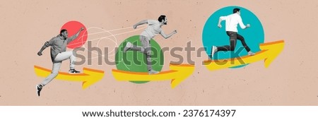 Exclusive magazine picture sketch collage image of funny purposeful colleagues running competition isolated creative background