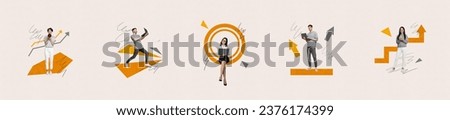 Photo illustration composition panorama of young businesswoman and man entrepreneur achieve goals isolated on beige color background