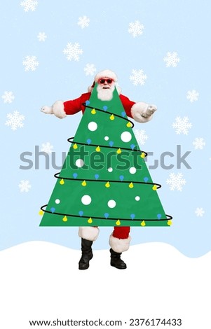 Image brochure collage of crazy funky dancing santa claus fantasy character dressed in decorated pine tree isolated on drawing background