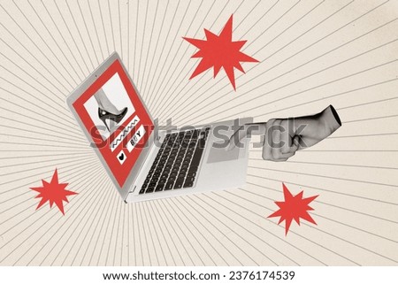 Photo collage of finger click touchpad laptop buy button web service save your money online shopping ebay isolated on painted background Royalty-Free Stock Photo #2376174539