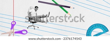 Photo advertisement panorama collage of funky riding boss chair student guy supplies studying tools isolated over paper sheet background