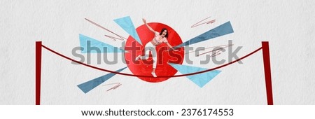 Collage photo conceptual collection panorama of young funny girl risky highline ropes panic nervous balancing isolated on white background