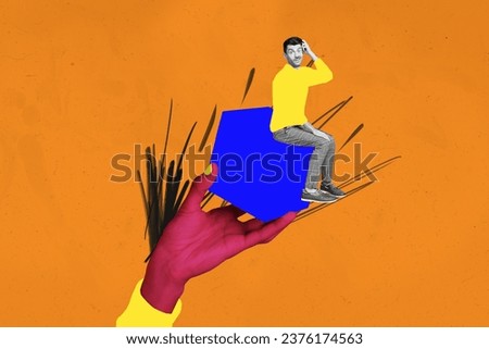 Collage image of arm hold mini black white effect guy sit square scratch head contemplate isolated on orange background