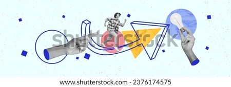 Creative retro magazine collage of purposeful excited lady running achieving success isolated colorful background Royalty-Free Stock Photo #2376174575