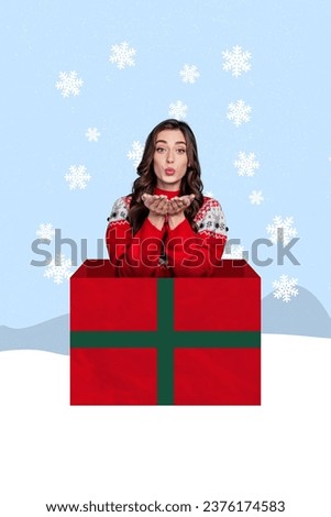 Postcard image collage of cute lovely girl inside big giftbox sending you kiss congratulations snowy weather day drawing background