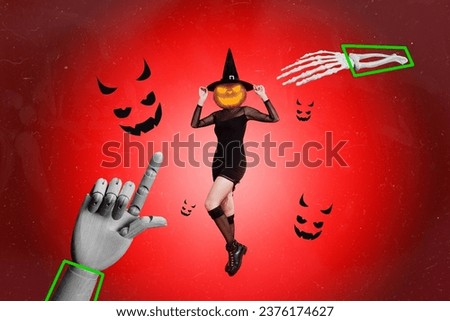 Artwork magazine collage picture of puppet hand pointing pumpkin head wizard isolated red color background