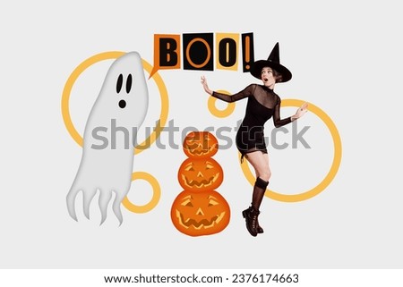 Photo collage artwork minimal picture of funny ghost scare lady wear witch costume isolated white color background