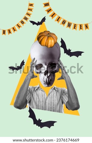 Vertical composite strange unusual creative photo collage of funny headless man takes off his skull head isolated on drawing background