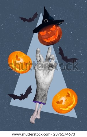Vertical collage image of black white effect dear man arm carved pumpkins witch head flying bats isolated on night sky background
