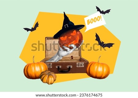 Artwork collage picture of black white colors arm hold carved pumpkin enchant headwear inside retro valise pumpkin flying bats