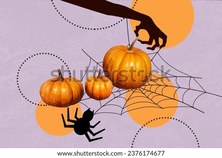 Artwork collage picture of painted terrifying monster arm spider web pumpkins isolated on creative purple background