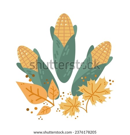 corn cobs with orange leaves autumn harvest festival happy thanksgiving holiday celebration concept Royalty-Free Stock Photo #2376178205