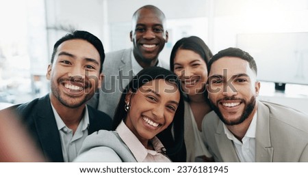 Selfie, happy and face of business people in the office for team building, fun or bonding. Smile, diversity and portrait of group of lawyers taking a picture together by a meeting in modern workplace