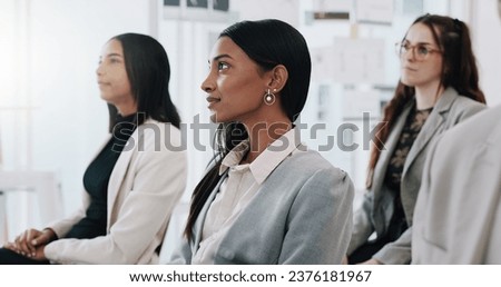 Business people, meeting and listening to presentation at conference, seminar or speaker at office. Group of employees or audience in staff training workshop, team convention or coaching at workplace