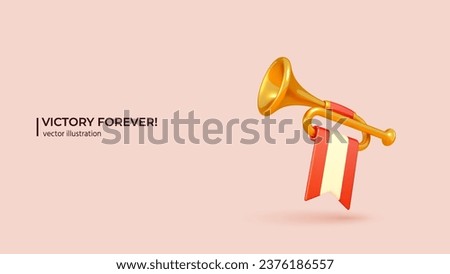 3d Gold Trumpet. Realistic 3d design of Golden Fanfare with White and Red Flag. 3D Vector illustration in cartoon minimal style. Royalty-Free Stock Photo #2376186557