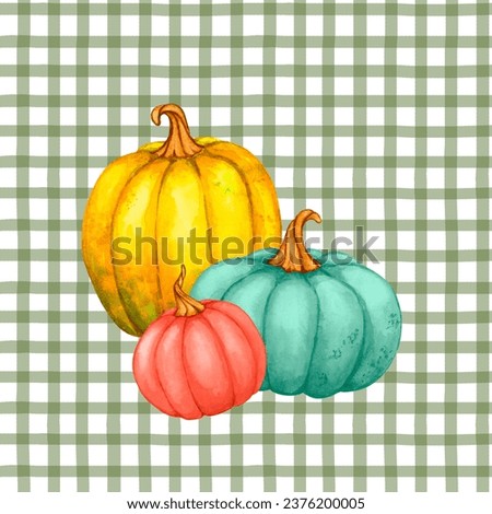 Watercolor composition with pumpkins on a checkered background. Fall decor, Thanksgiving, Cozy home, Harvest festival. Illustration for posters, cards, invitations, greetings, printing on fabric, etc
