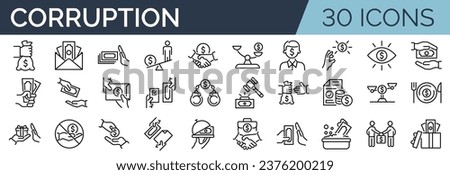 Set of 30 outline icons related to corruption. Linear icon collection. Editable stroke. Vector illustration Royalty-Free Stock Photo #2376200219