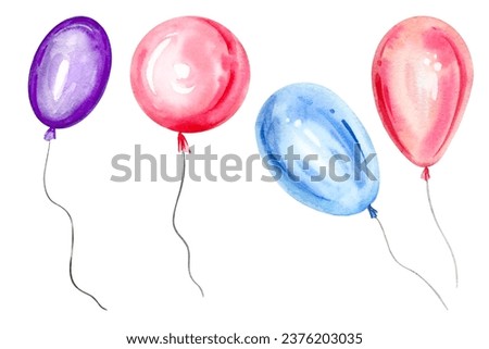 watercolor hand drawn set with air different pink, blue and lilac transparent balloons, red round shape balloon, sketch of event decoration isolated on white background