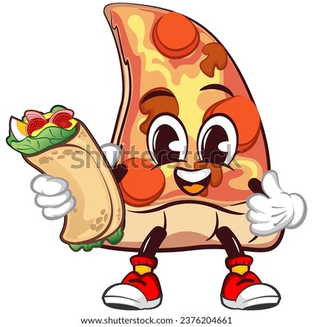 Cute slice of pizza character with funny face mascot with burritos while giving thumbs up, isolated cartoon vector illustration. Cute slice of pizza mascot, emoticon