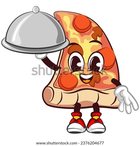 Cute slice of pizza character with funny face mascot serving dish, isolated cartoon vector illustration. Cute slice of pizza mascot, emoticon