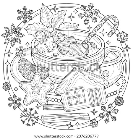 
Christmas hot chocolate.Coloring book antistress for children and adults. Illustration isolated on white background.Zen-tangle style. Hand draw Royalty-Free Stock Photo #2376206779