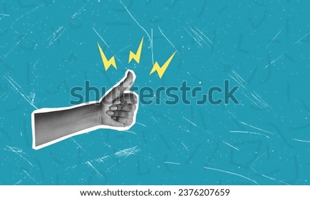 Digital collage of contemporary art. Hand showing thumbs up on blue background with space for text. Royalty-Free Stock Photo #2376207659