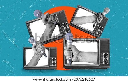 Collage art, lots of retro TVs with a hand with a microphone sticking out of them. Yellow press from retro TVs, daily news. Royalty-Free Stock Photo #2376210627