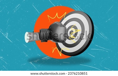 A contemporary artistic collage featuring a hand in boxing gloves striking a target. The concept represents confidence in business.