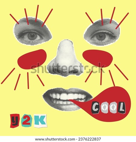 Trending halftone style collage square avatar. Smiling mouth, teeth, lips and cut out text . Punk y2k retro magazine clippings on yellow background. Vector illustration.
