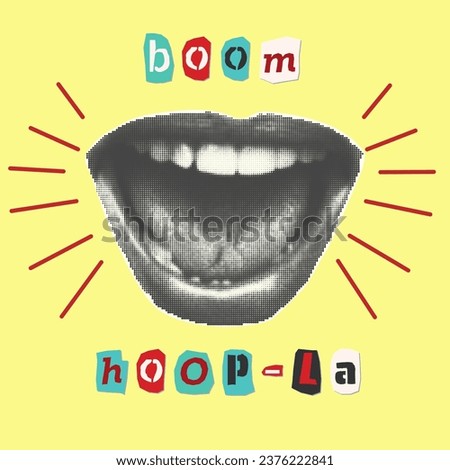 Trending halftone style collage poster. Scream, hate, fake news concept. Open mouth, teeth, lips and cut out text . Punk y2k retro magazine clippings on yellow background. Vector illustration