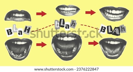 Collection collage elements. open mouth, teeth, lips and cut out text halftone style. Scream, hate, fake news concept. Punk y2k retro magazine clippings on yellow background. Vector illustration