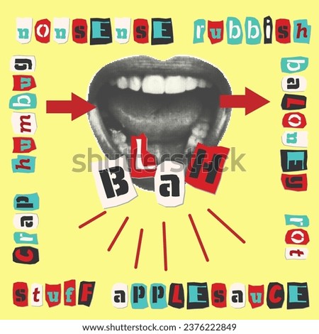 Trending halftone style collage poster. Scream, hate, fake news concept. Open mouth, teeth, lips and cut out text . Punk y2k retro magazine clippings on yellow background. Vector illustration