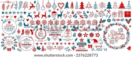 Geometric Christmas elements set with mosaic geometric Santa character, rabbit, Christmas tree, gifts, abstract Christmas and New Year decor, balls, snowflakes, minimalist shapes. Vector illustration