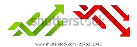 Profit growing and decrease sumbol. Statistic up and down arrows. Business growths chart. Green and red arrow - stock vector.